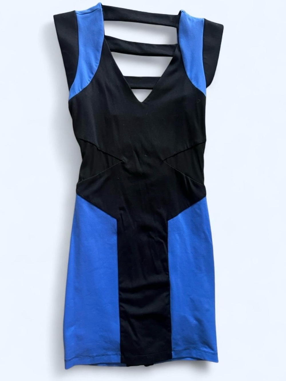 bebe Black and Royal Blue Strappy V‑Neck Sheath Dress